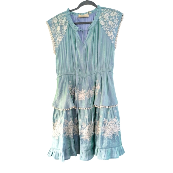 Savanna Jane Womens Blue Ivory Floral‎ Embroidered Peasant Boho Dress Large New - Picture 1 of 10